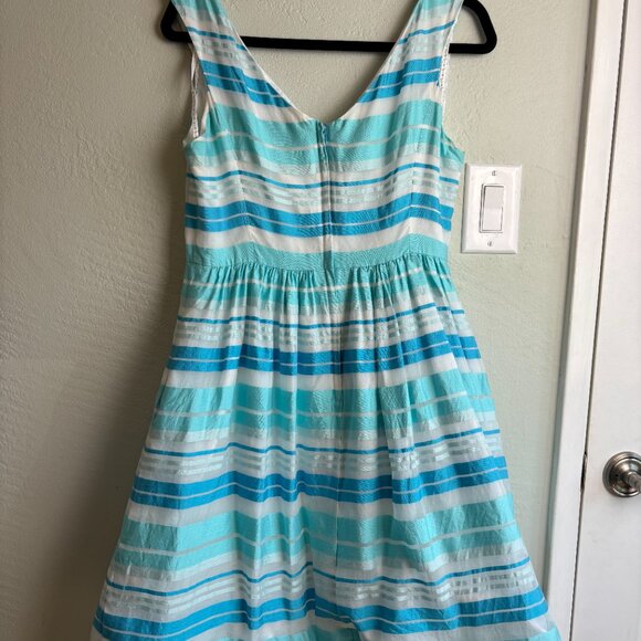 Lilly Pulitzer Silk Fit & Flare Dress 10 Blue White Striped V-Neck Cotton Lined - Picture 7 of 11